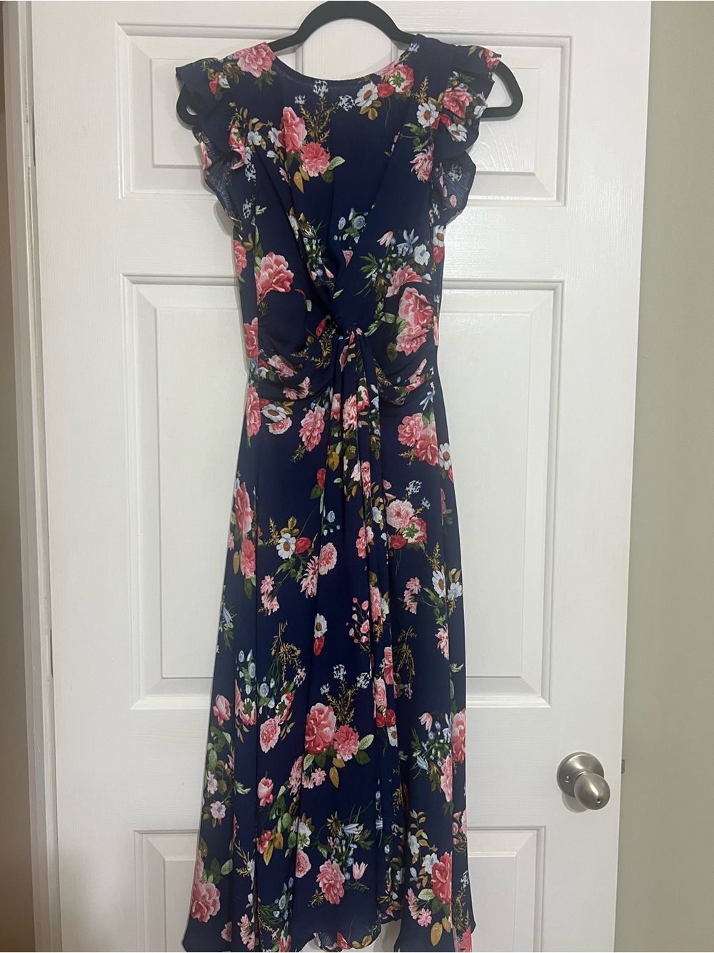 Altar'd State Navy Floral Tie-Front Midi Dress with Pink Roses
